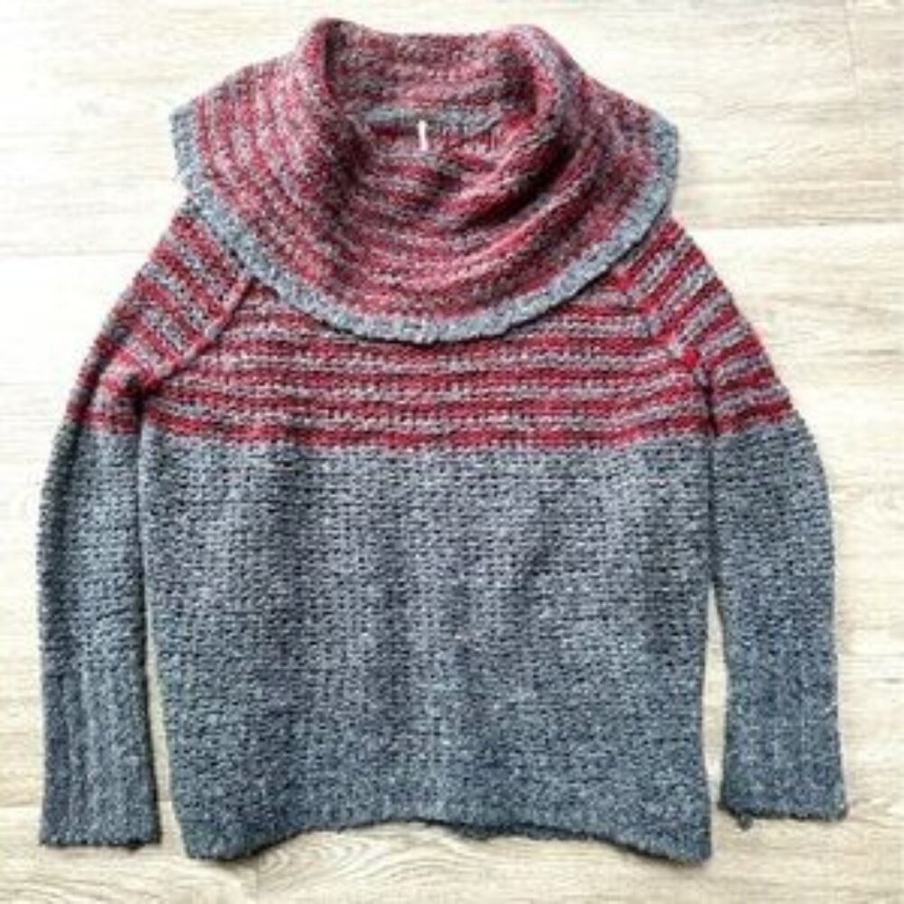 Free People Gray Red Mohair Wool Cowl Neck Oversized Sweater